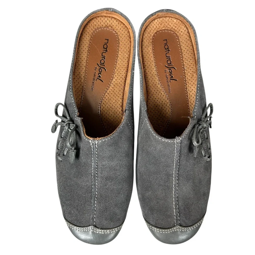 NATURAL SOUL by NATURALIZER Grey Suede Leather Mules Flats Slides Bow Accent 6.5 - Picture 2 of 14